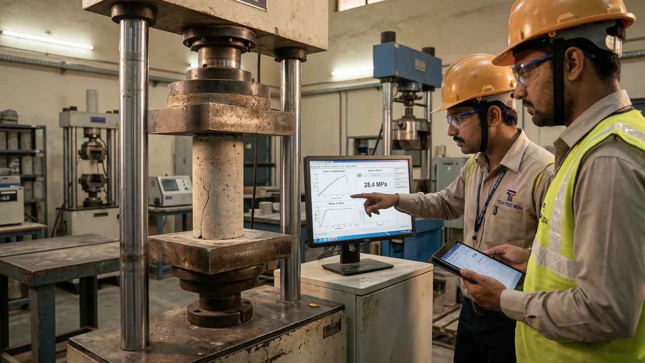 Compression testing using computerized universal testing machine in material testing lab