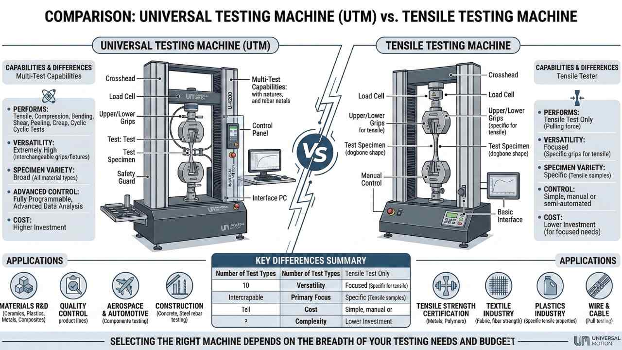 Infographic showing difference between universal testing machine and tensile testing machine