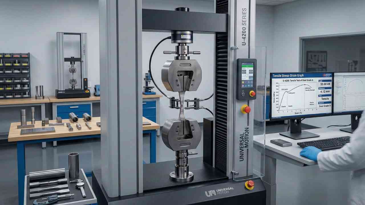 Tensile testing machine measuring tensile strength of metal specimen in laboratory