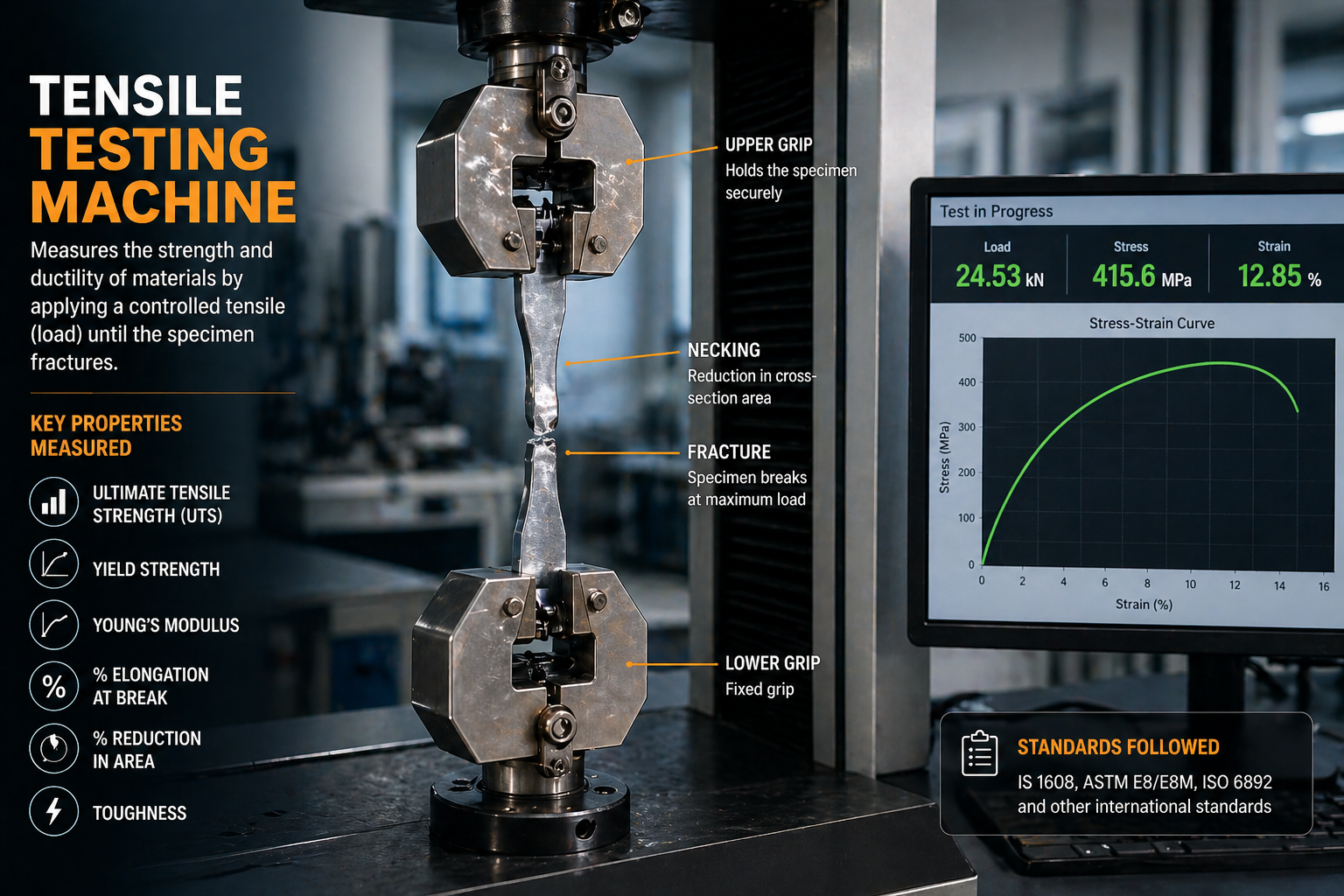Tensile testing machine stretching metal specimen showing elongation and fracture during tensile test.
