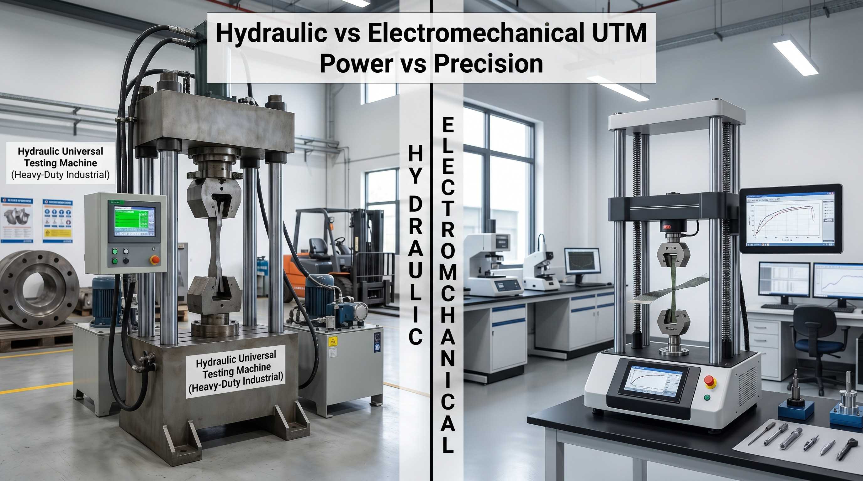 Hydraulic vs electromechanical Universal Testing Machine comparison for industrial and lab use.