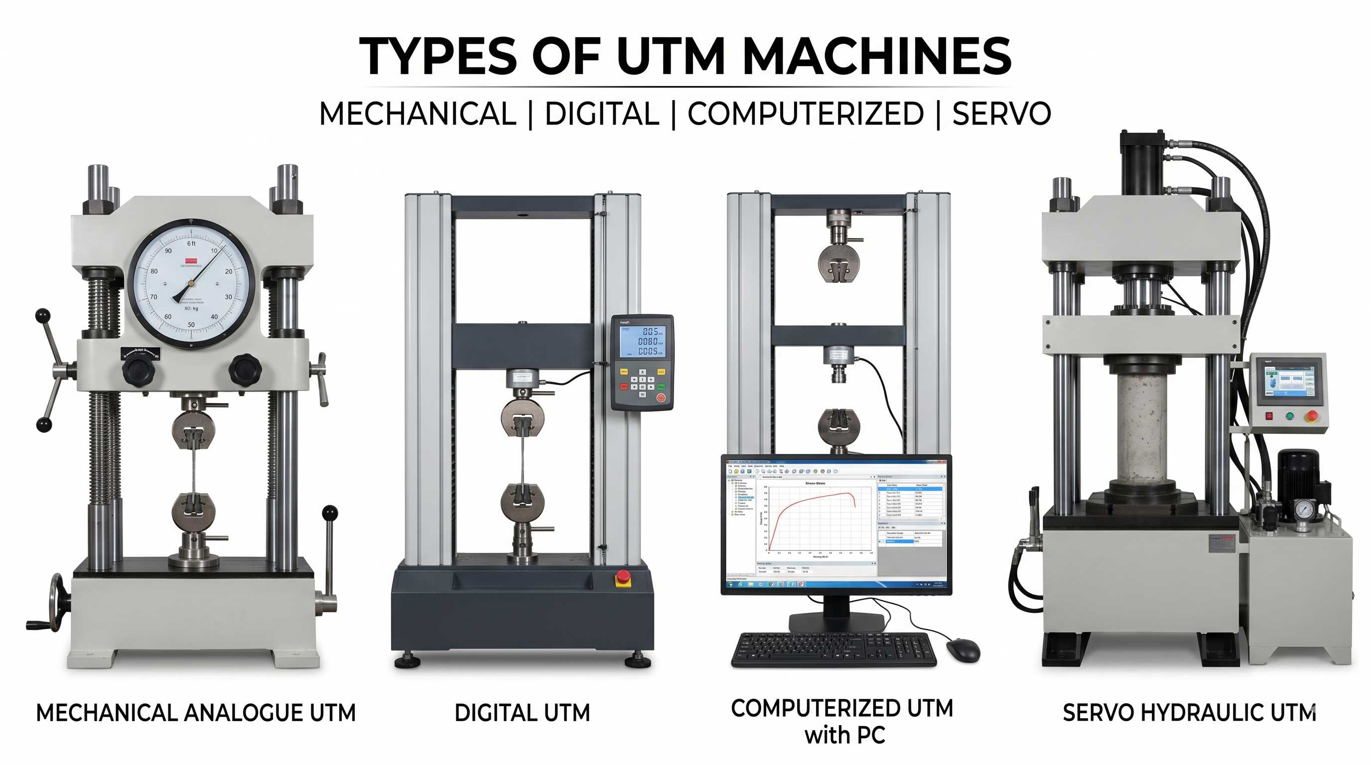 Types of Universal Testing Machines including mechanical digital computerized and servo hydraulic UTM.