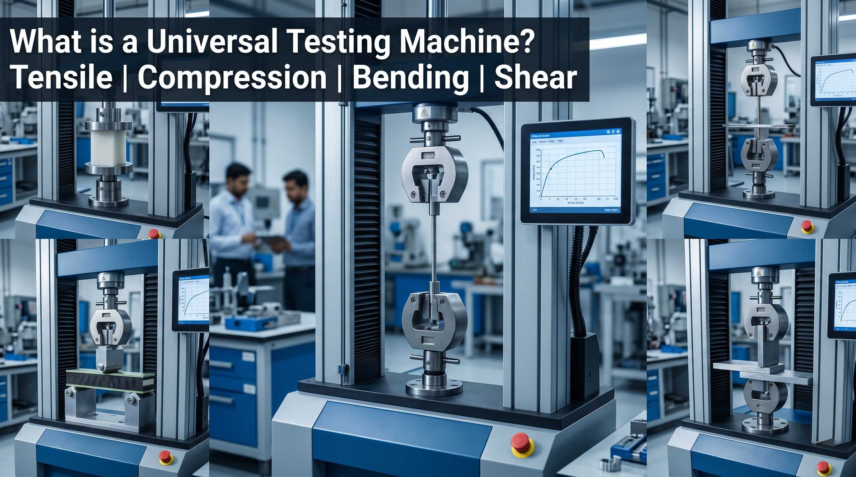 Universal Testing Machine performing tensile compression bending and shear tests on materials.