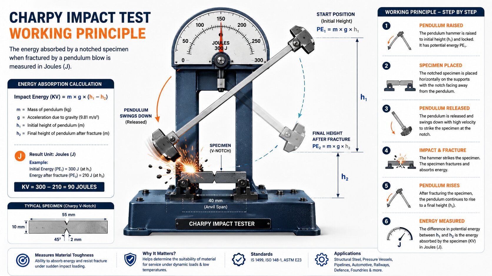 Working principle of Charpy impact testing machine with pendulum hammer and energy absorption diagram.