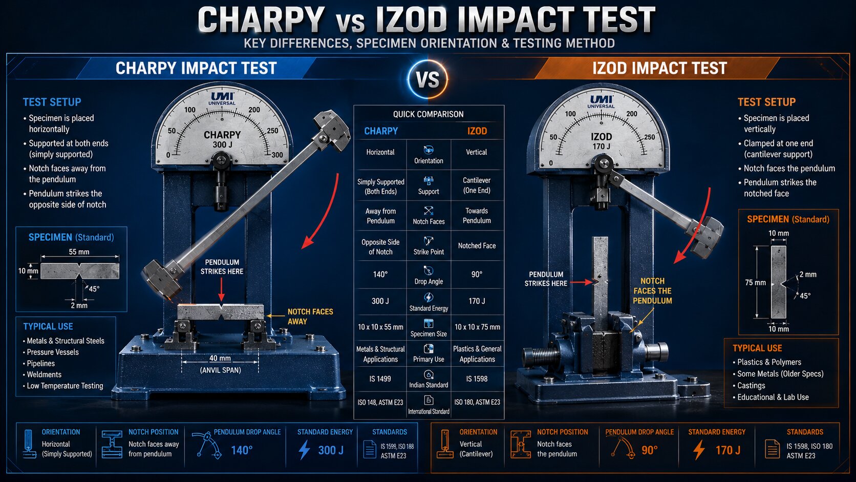 Side by side comparison of Charpy and Izod impact test specimen orientation and testing method.