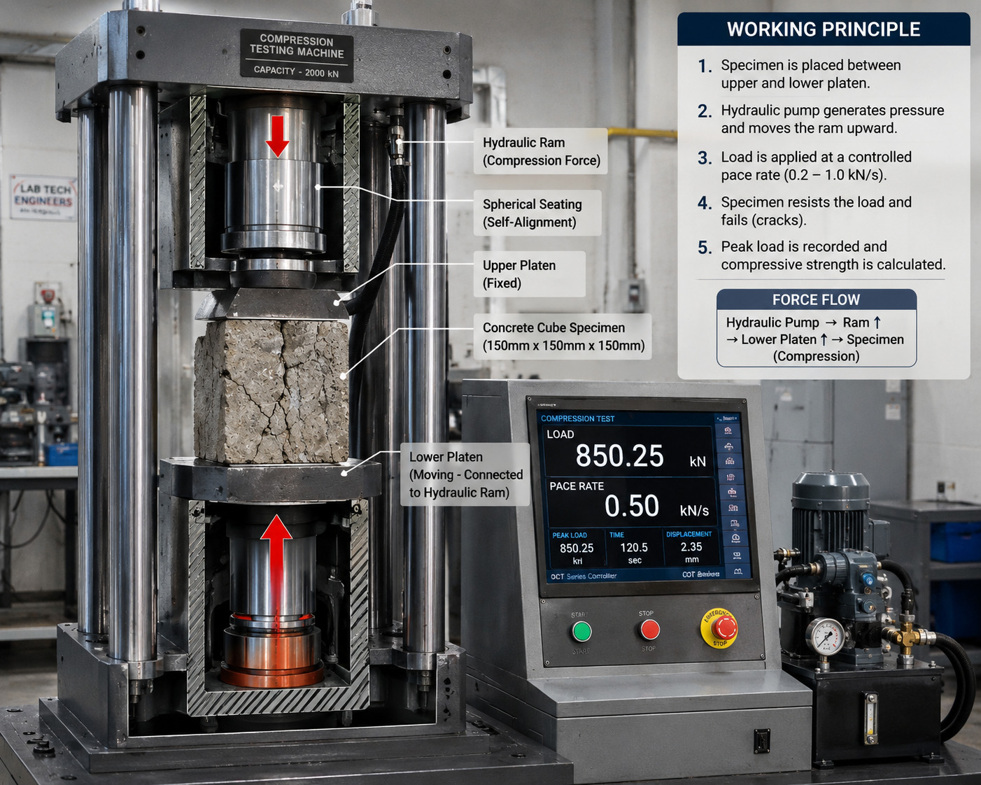 Hydraulic CTM machine working principle showing concrete cube compression test procedure.