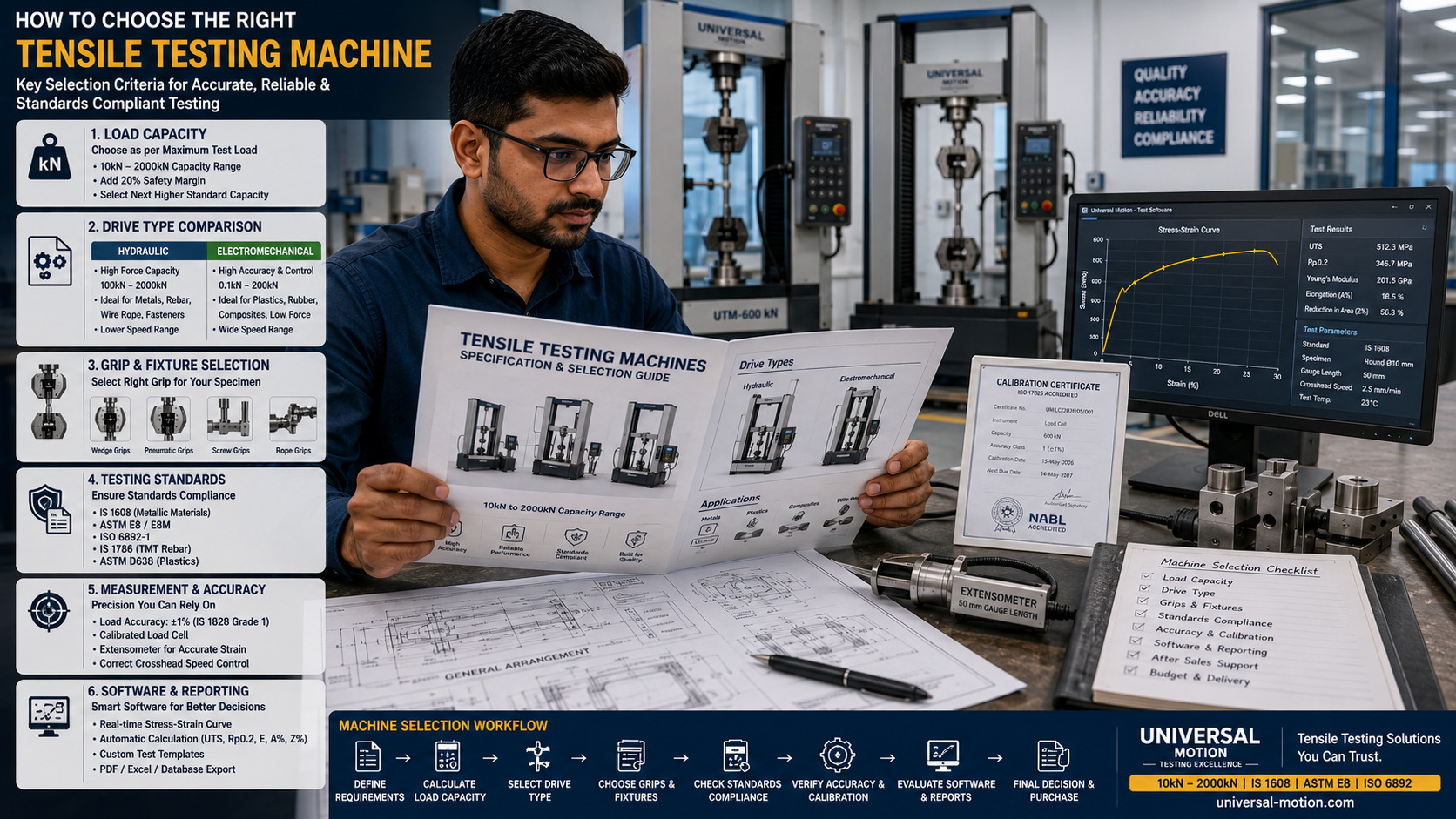 Engineer selecting a tensile testing machine based on load capacity standards compliance and testing requirements
