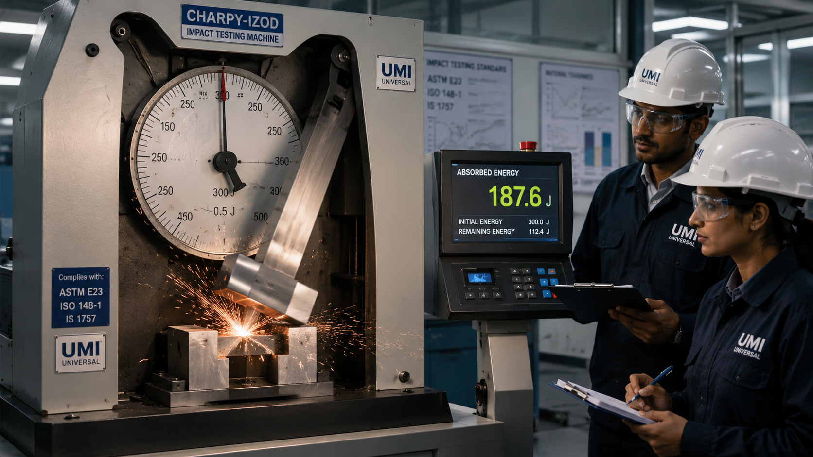 Modern Charpy and Izod impact testing machine performing metal fracture toughness test in industrial laboratory.