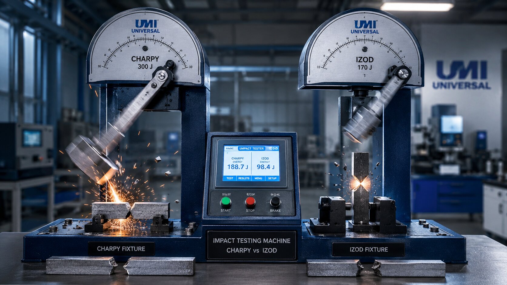 Impact Testing Machine showing Charpy and Izod pendulum impact test setup for material toughness testing in industrial laboratory.