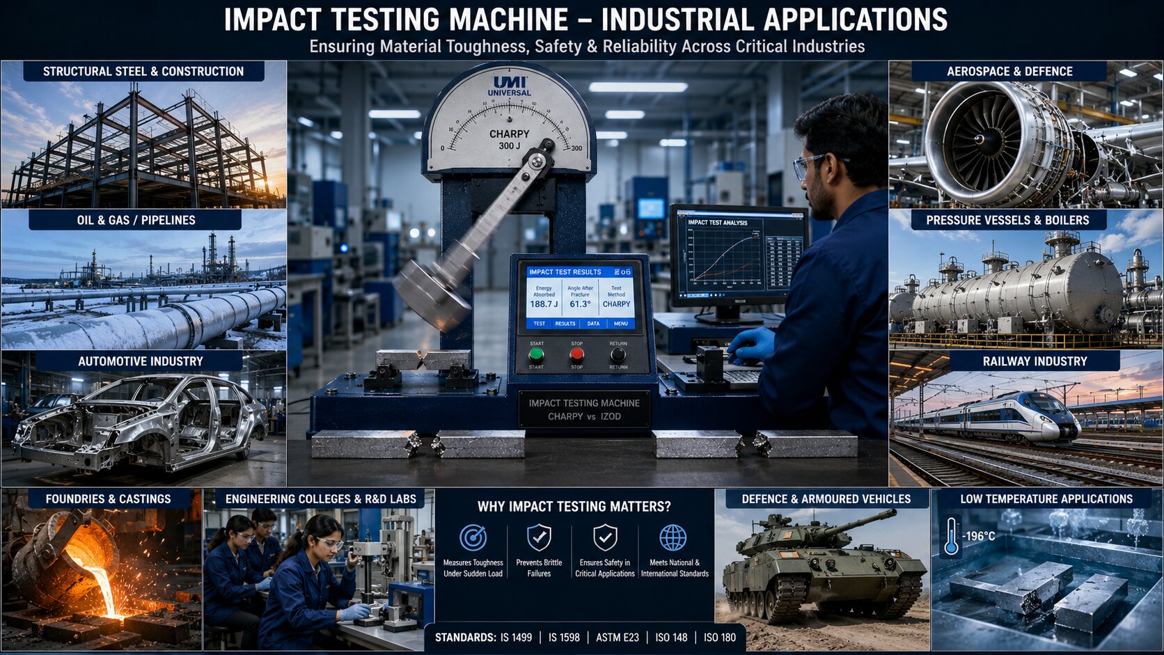 Industrial applications of impact testing machines in steel, automotive, aerospace and pipeline industries.
