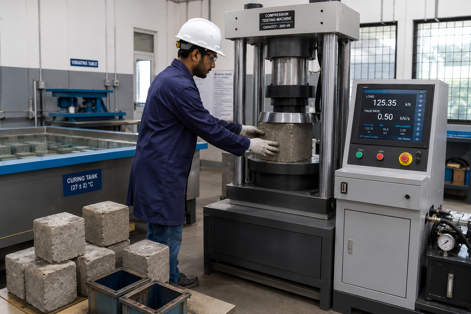 IS 516 concrete cube compression test procedure using digital CTM machine in civil engineering laboratory
