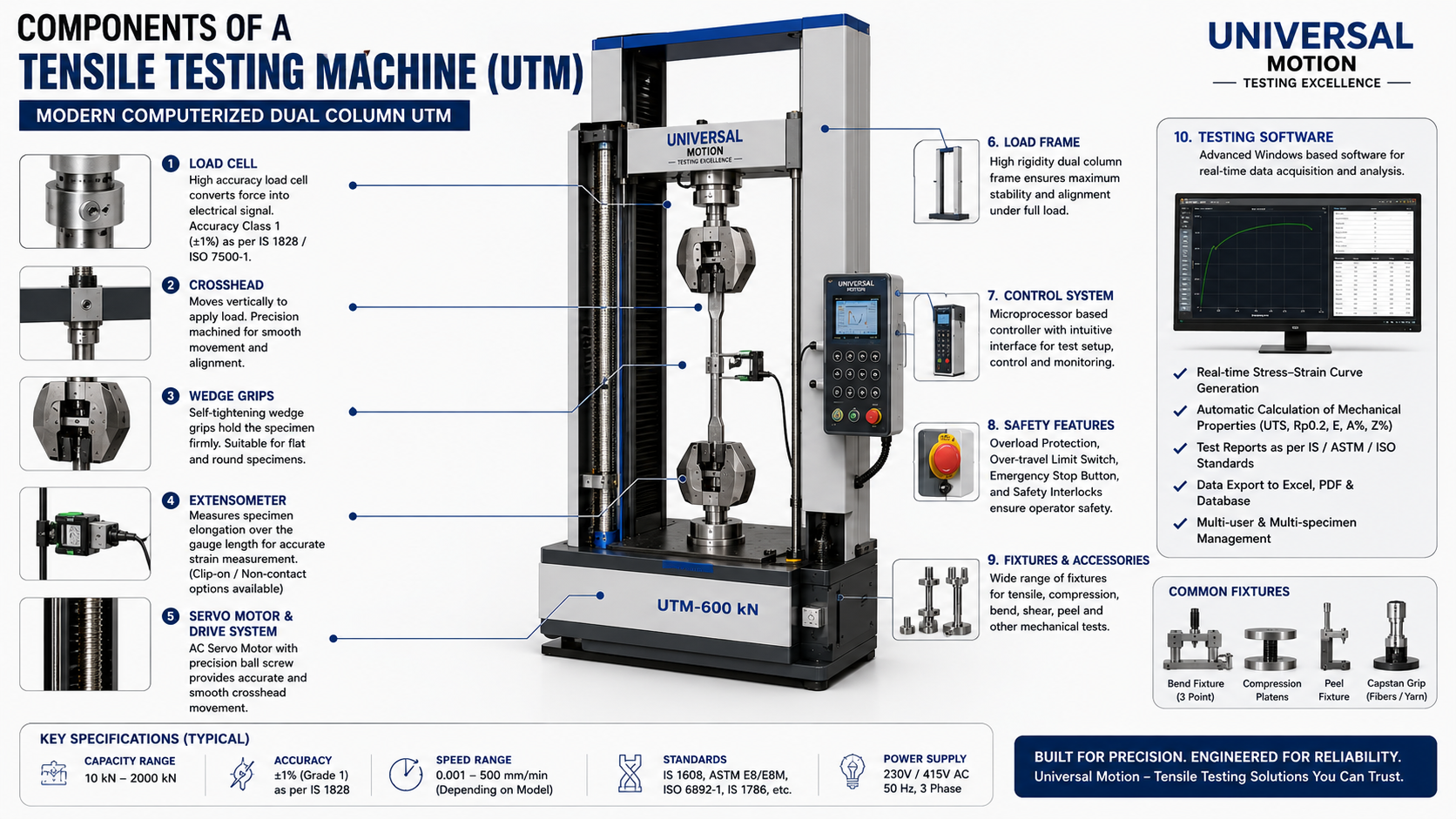 Main components of a tensile testing machine including load cell grips extensometer and control system.