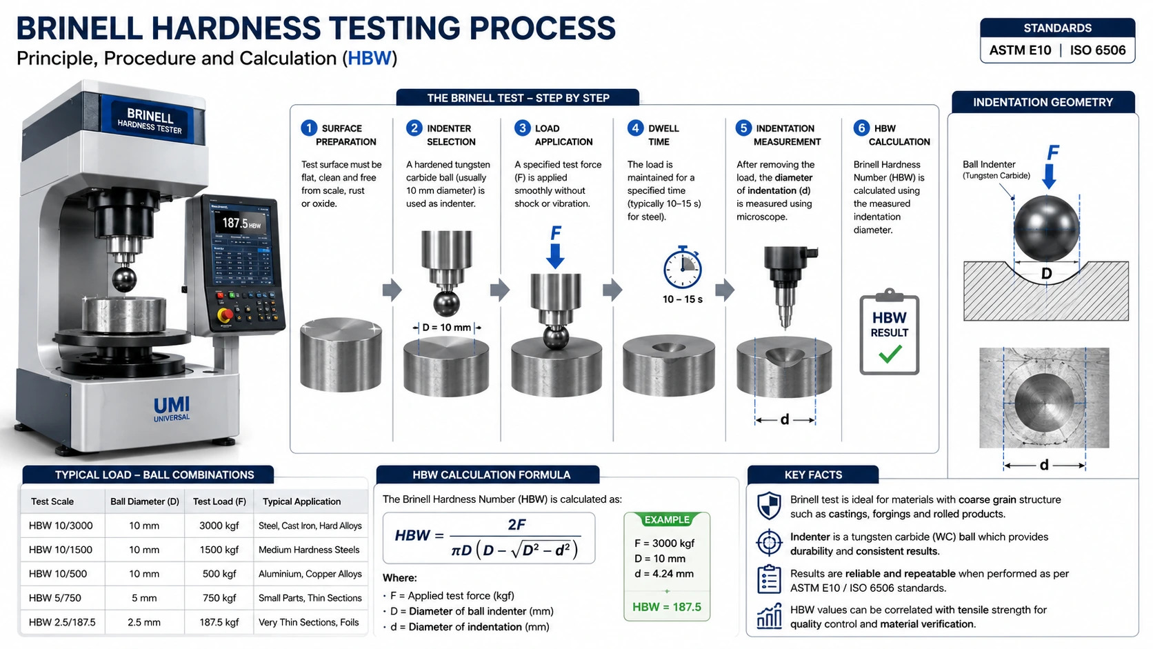 Illustration showing the working principle of a Brinell hardness test with ball indenter and indentation measurement