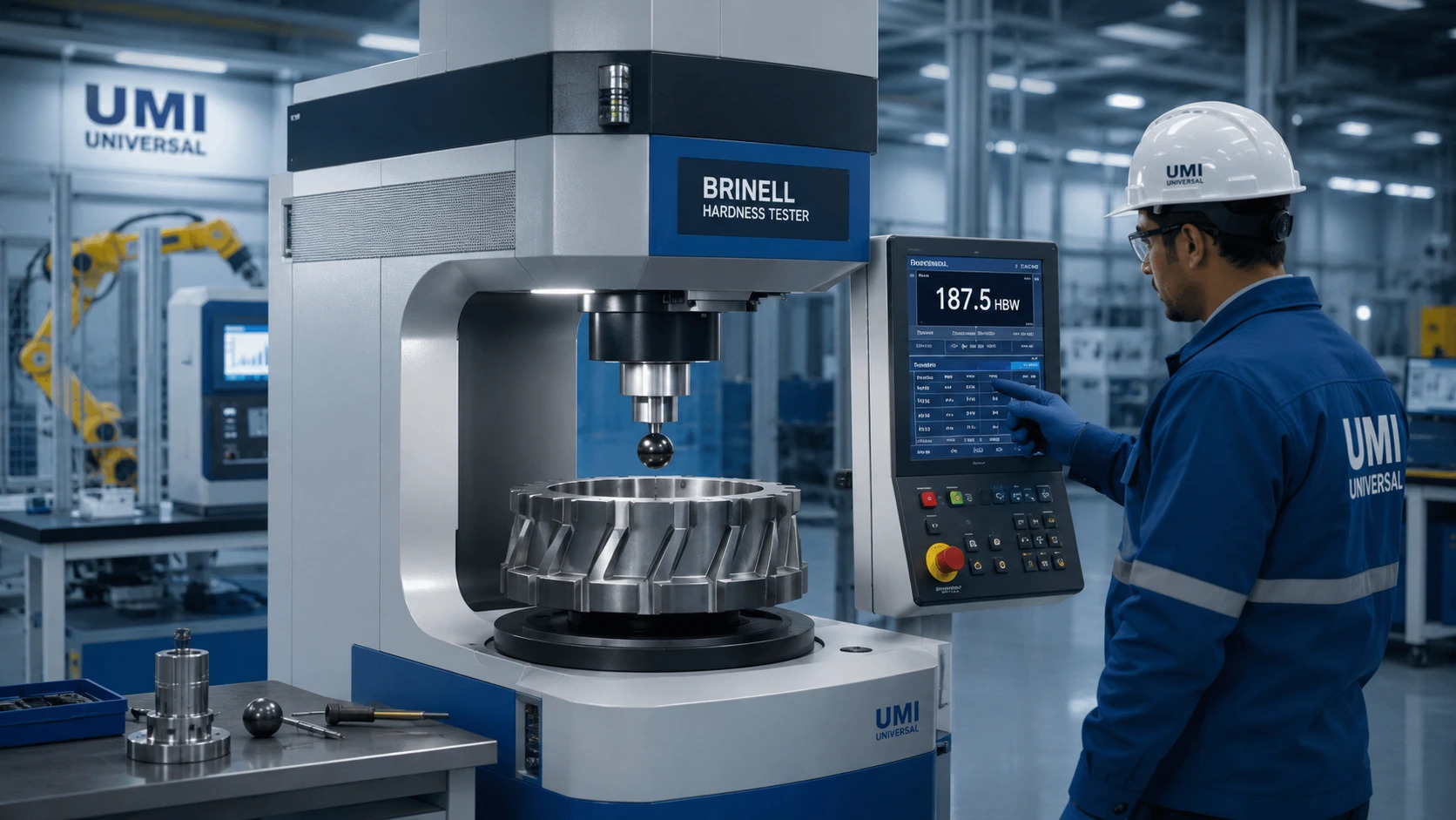 Digital Brinell Hardness Tester performing hardness testing on a steel component in an industrial quality control laboratory