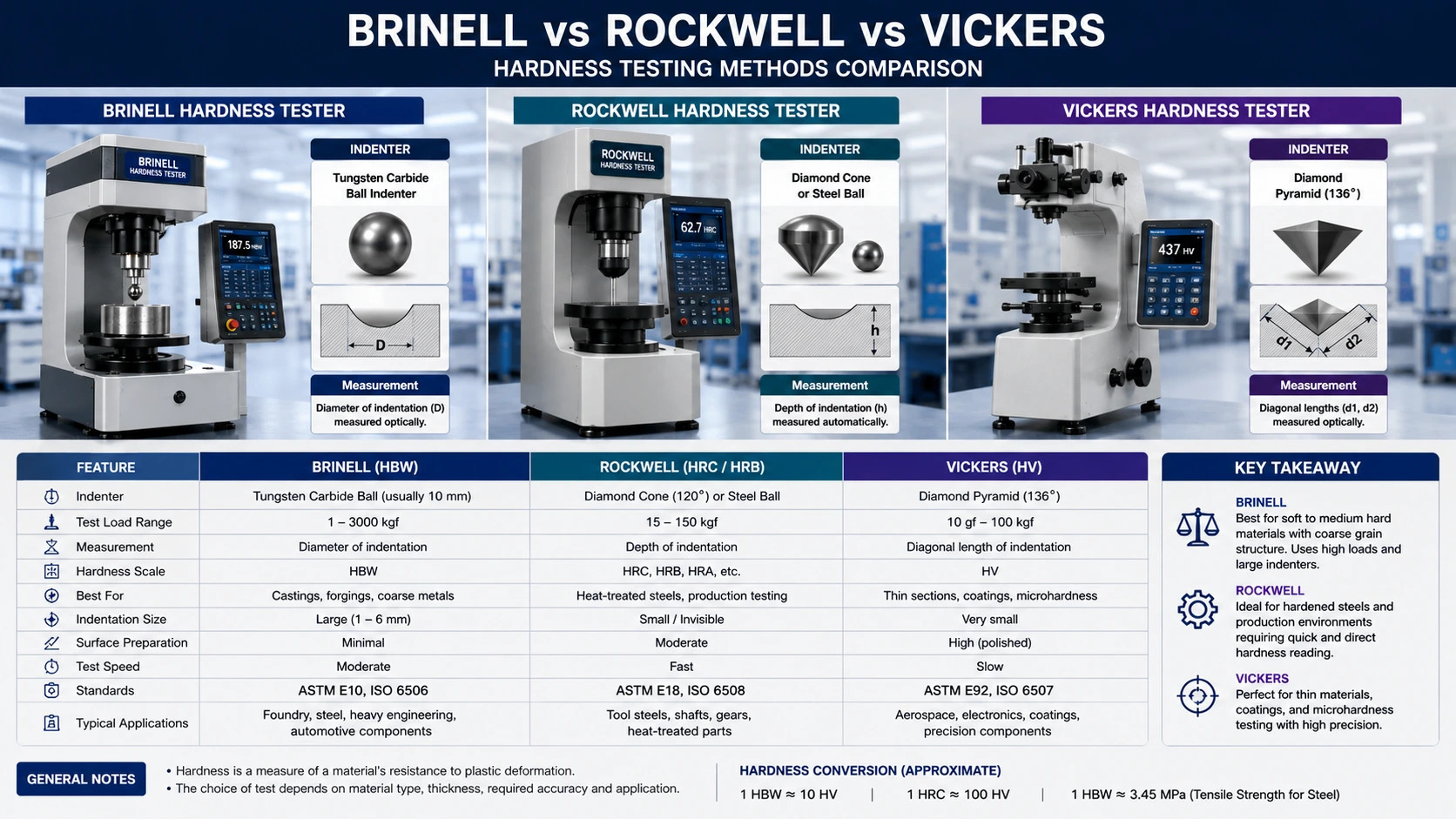 Comparison chart of Brinell, Rockwell and Vickers hardness testing methods used for material hardness measurement