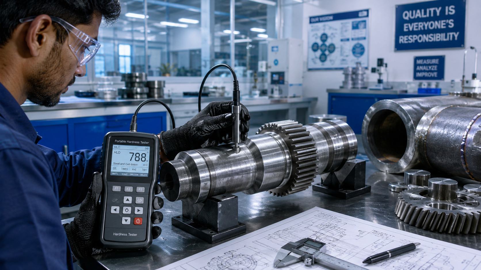 Engineer using a portable hardness tester on a welded steel pipe during industrial quality inspection.