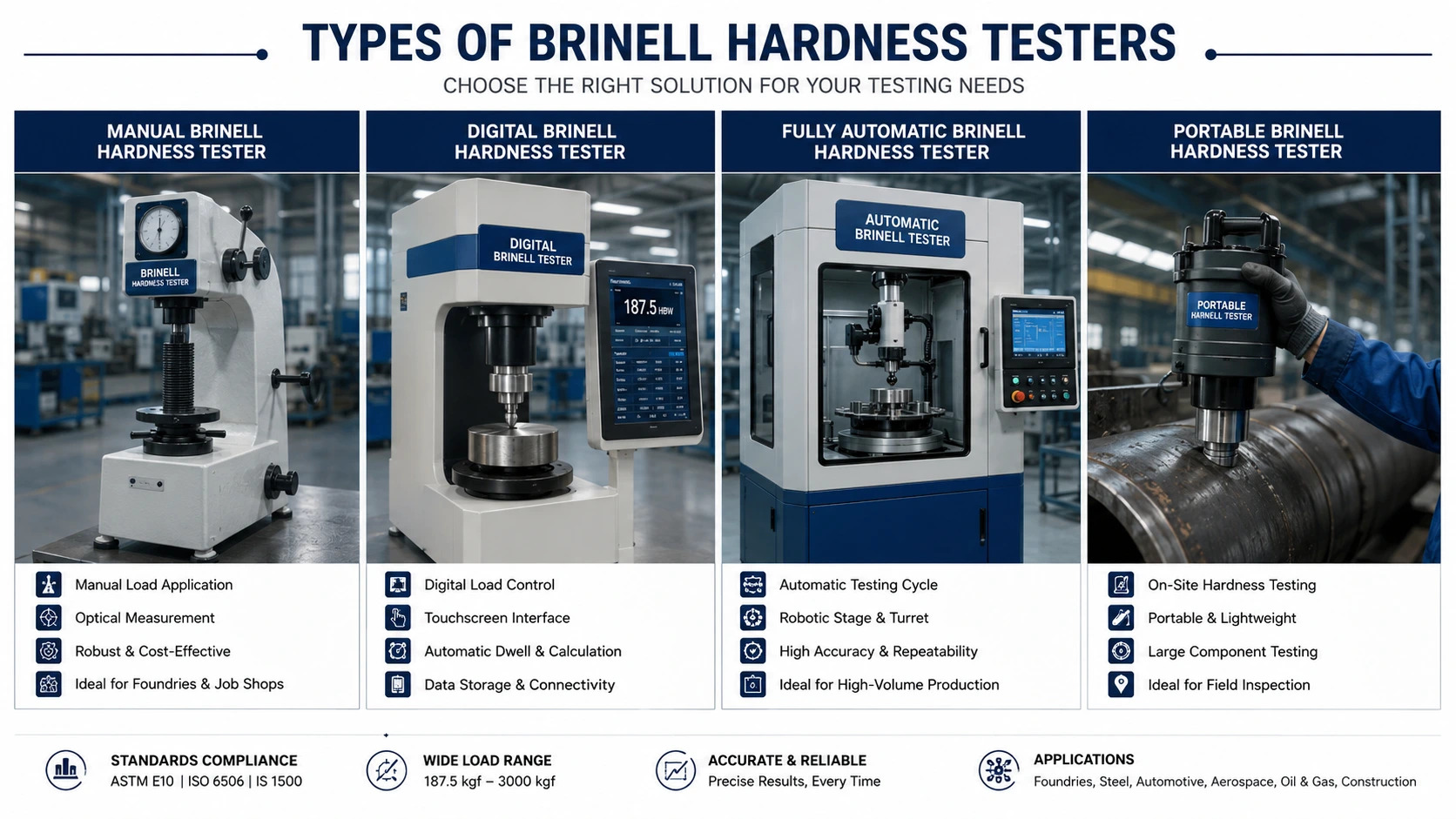 Comparison of manual, digital, automatic and portable Brinell hardness testers used in industrial testing