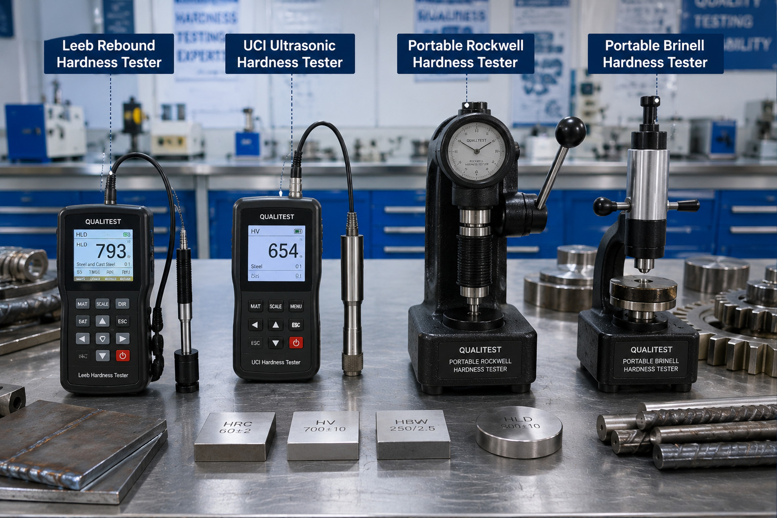 Comparison of Leeb, UCI, Portable Rockwell and Portable Brinell hardness testing methods used in industrial quality inspection.