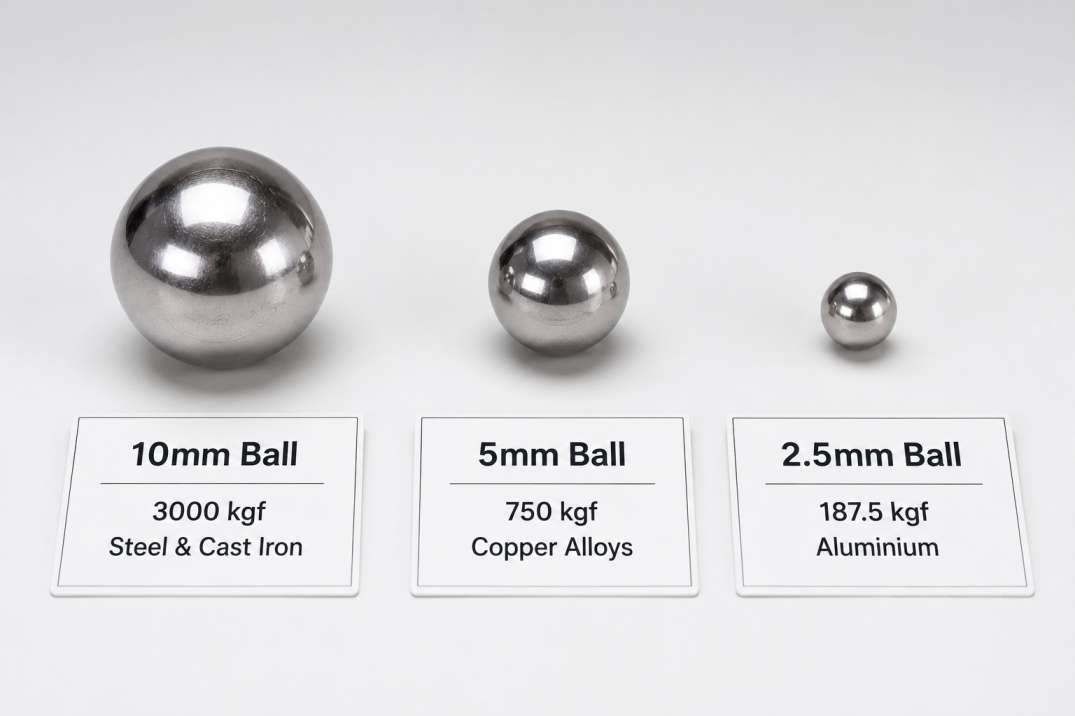 Three tungsten carbide Brinell hardness tester ball indenters — 10mm 3000kgf for steel and cast iron, 5mm 750kgf for copper alloys, 2.5mm 187.5kgf for aluminium — ball and load selection guide per IS 1500.