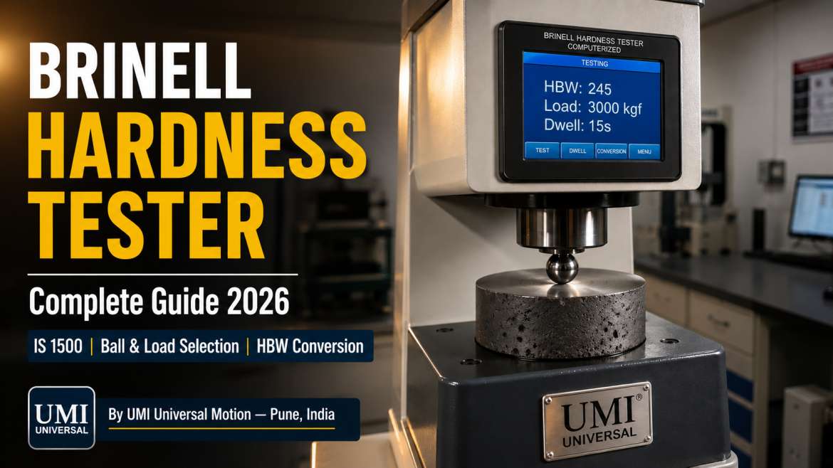 Computerized Brinell Hardness Tester with digital touch screen display showing HBW 245 result — UMI Universal Motion manufacturer, Pimpri-Chinchwad, Pune, India.