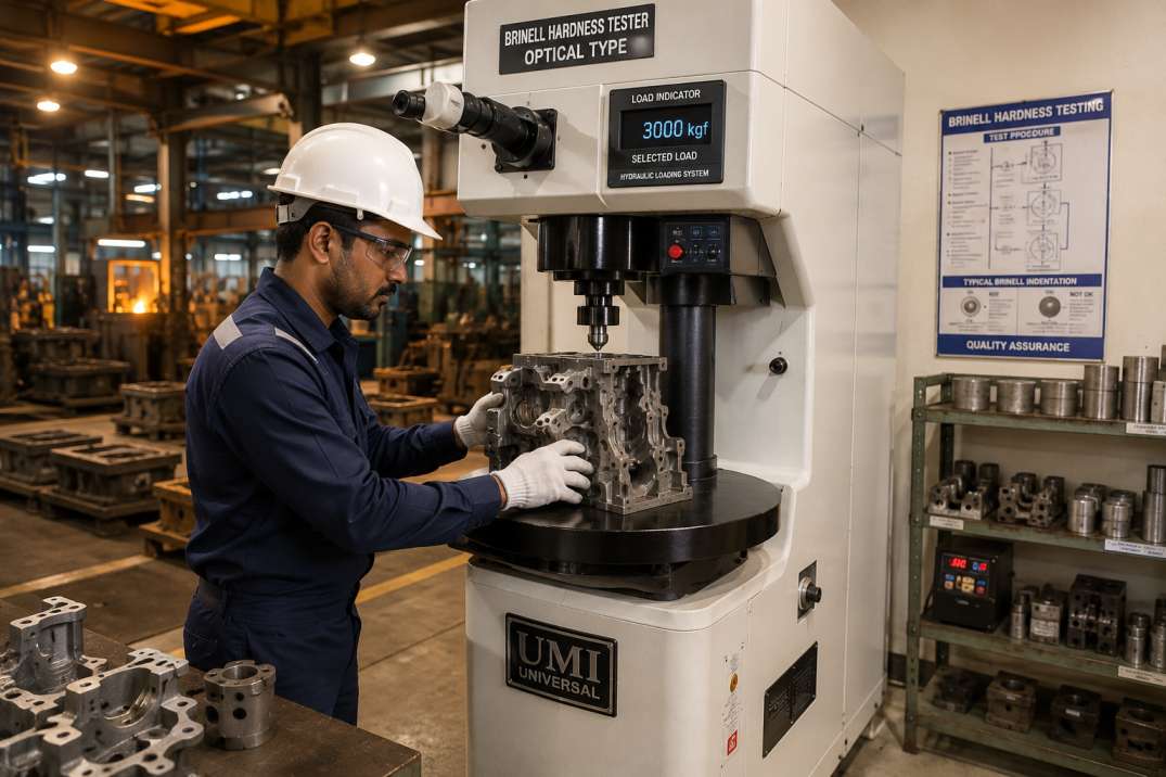 QC engineer operating optical Brinell Hardness Tester on grey cast iron automotive casting in Indian foundry quality control laboratory — IS 1500 compliant hardness testing.